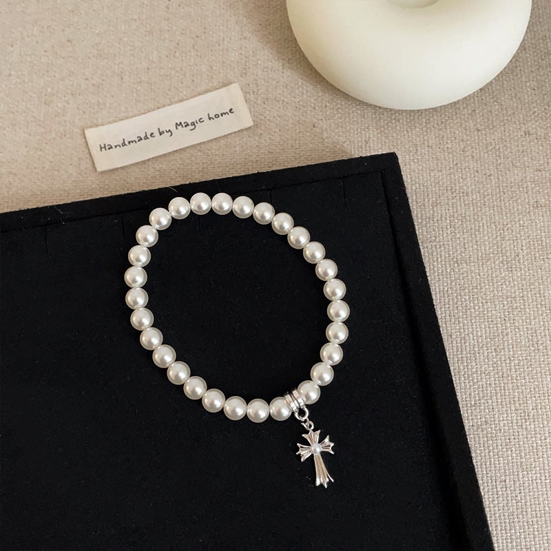Vintage Cross Pendant Pearl Necklace Bracelet Women'S Light Luxury High-End Fashion Elegant All-Match Neck Chain Woolen Chain - Image 5